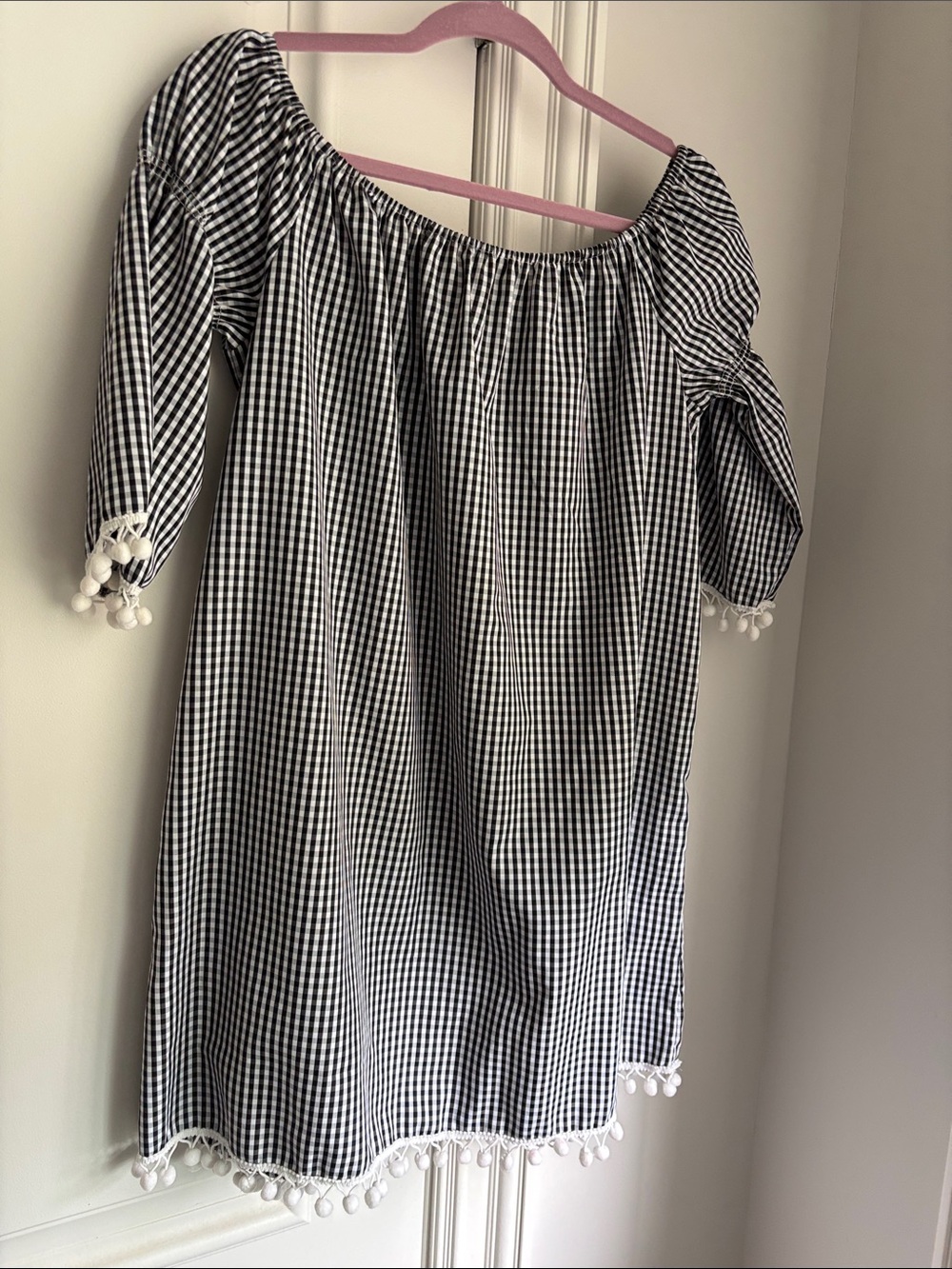 Rebellion Black & White Gingham Off-Shoulder Mini Dress with Pom Trim